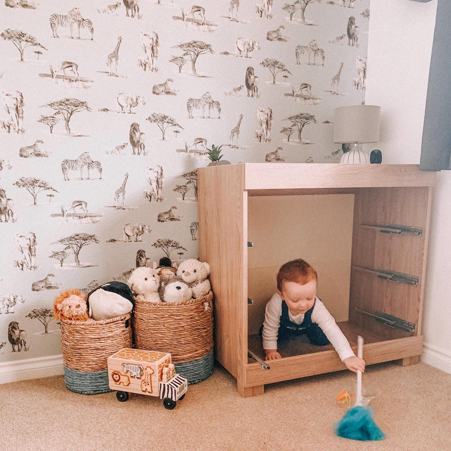 Safari Animals Hand Designed Children's Wallpaper in Blue, Cream and Grey