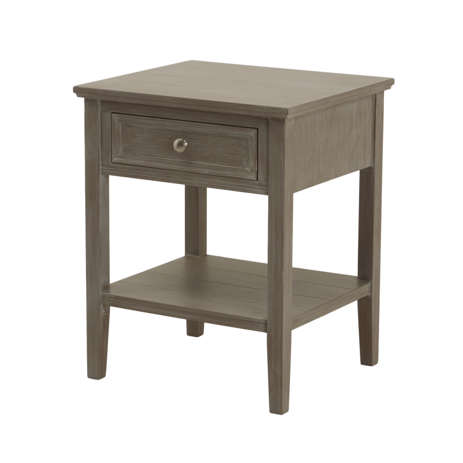 Minimalist grey oak side table with smooth drawer, solid wood construction, perfect for bedside or entryway storage by Sostter at brixbailey.com