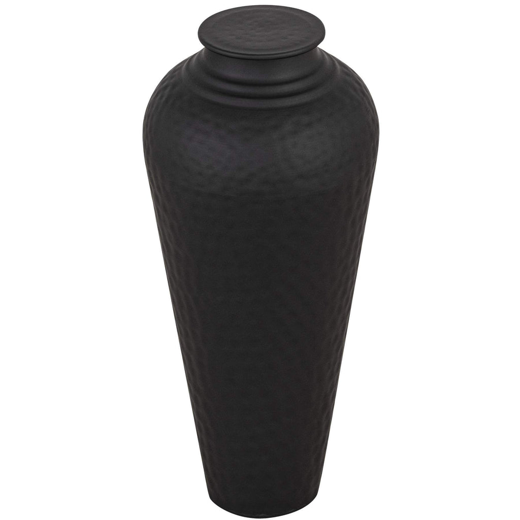 Handcrafted hammered steel vase in matte black with removable lid, 41cm tall, artisan texture for modern decor by sostter at brixbailey.com