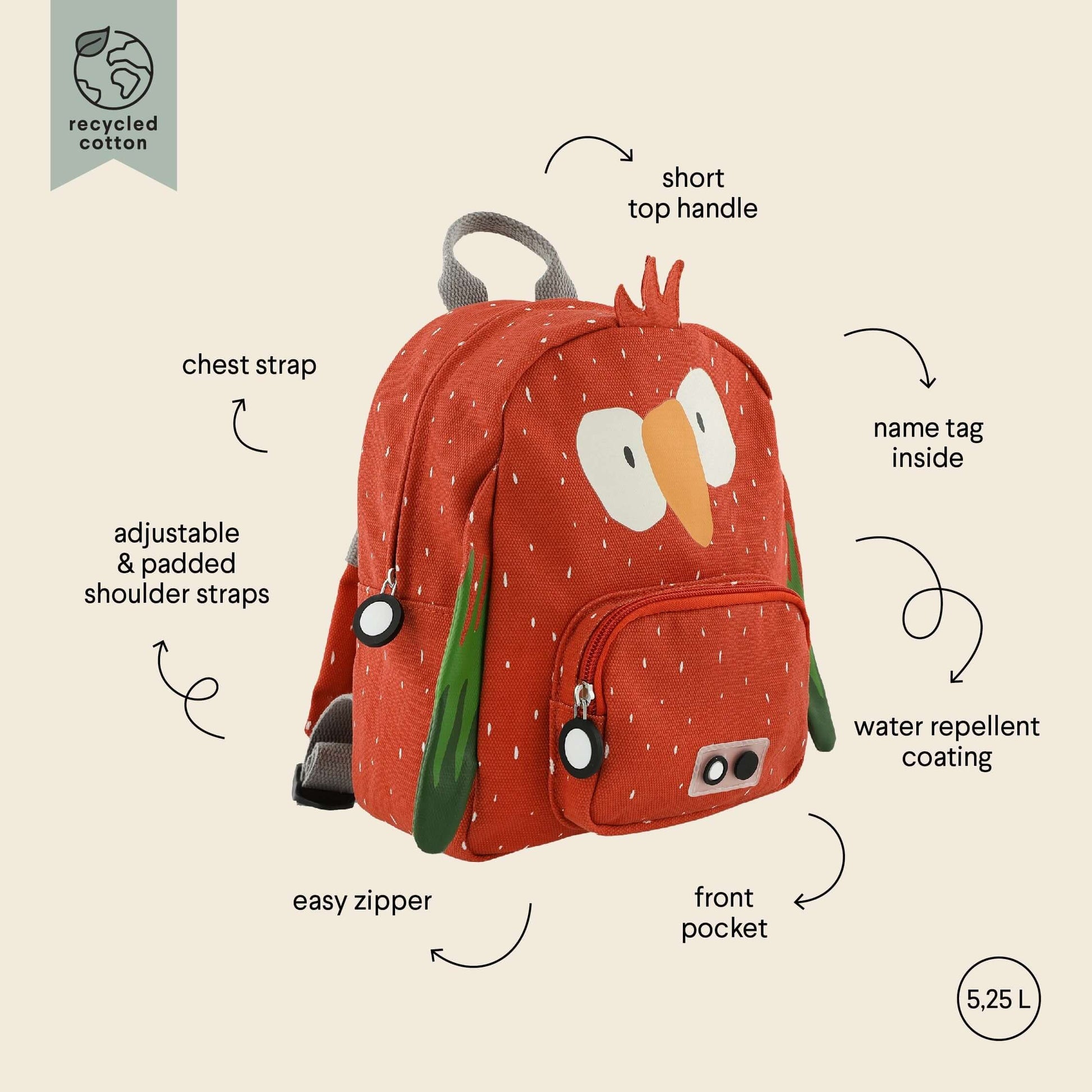 mr parrot kids backpack with chest strap and name tag shown from a functional side angle