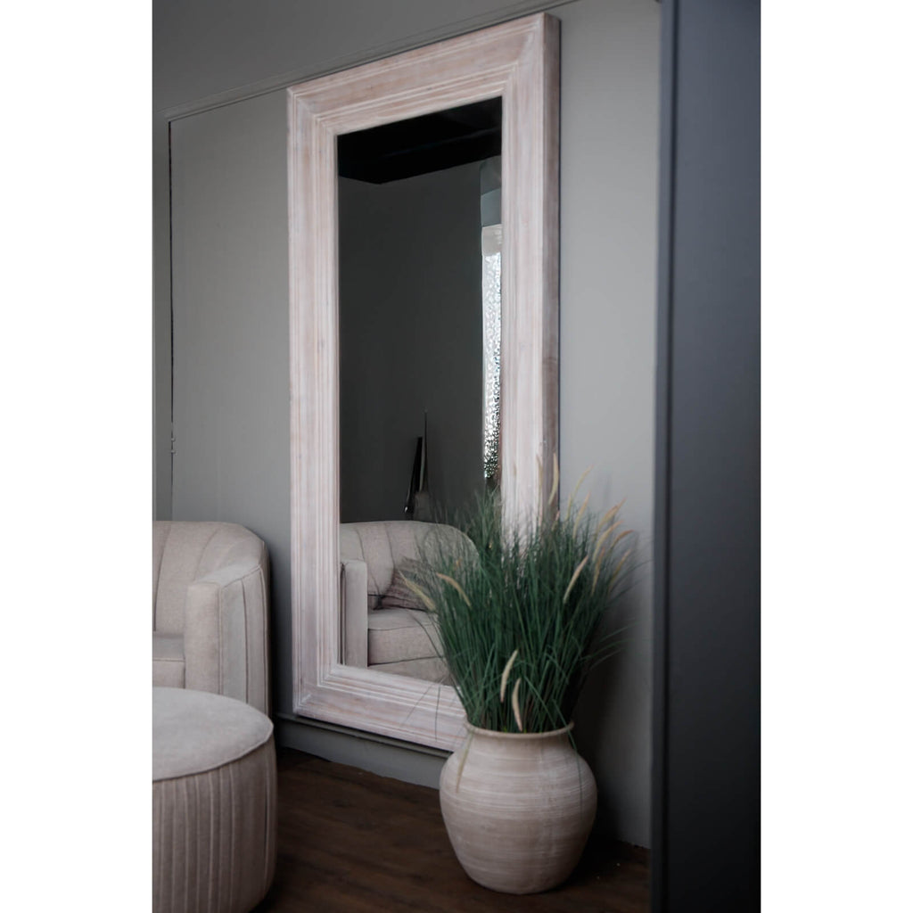 White washed large mirror with rustic wood frame, farmhouse style, 200cm height, glass panel.by Sostter at brixbailey.com
