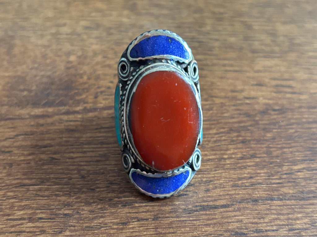 Large Silver Mosaic Rings with Turquoise, Coral and Lapis Inlay