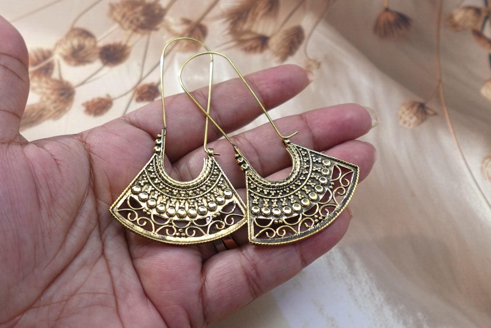 Fan Shaped Tribal Brass Earrings