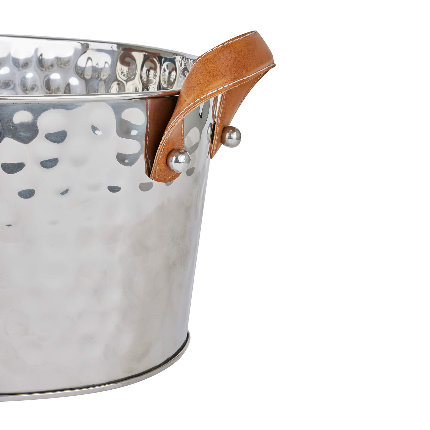 Silver champagne cooler with hand-hammered metal and leather handles, perfect for elegant entertaining by RoomLondon at brixbailey.com