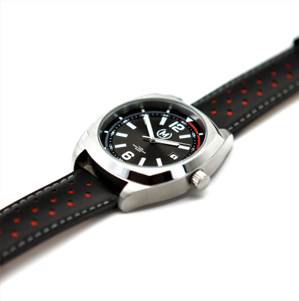 Black and Red Leather Rally Watch Strap with Silver Buckle