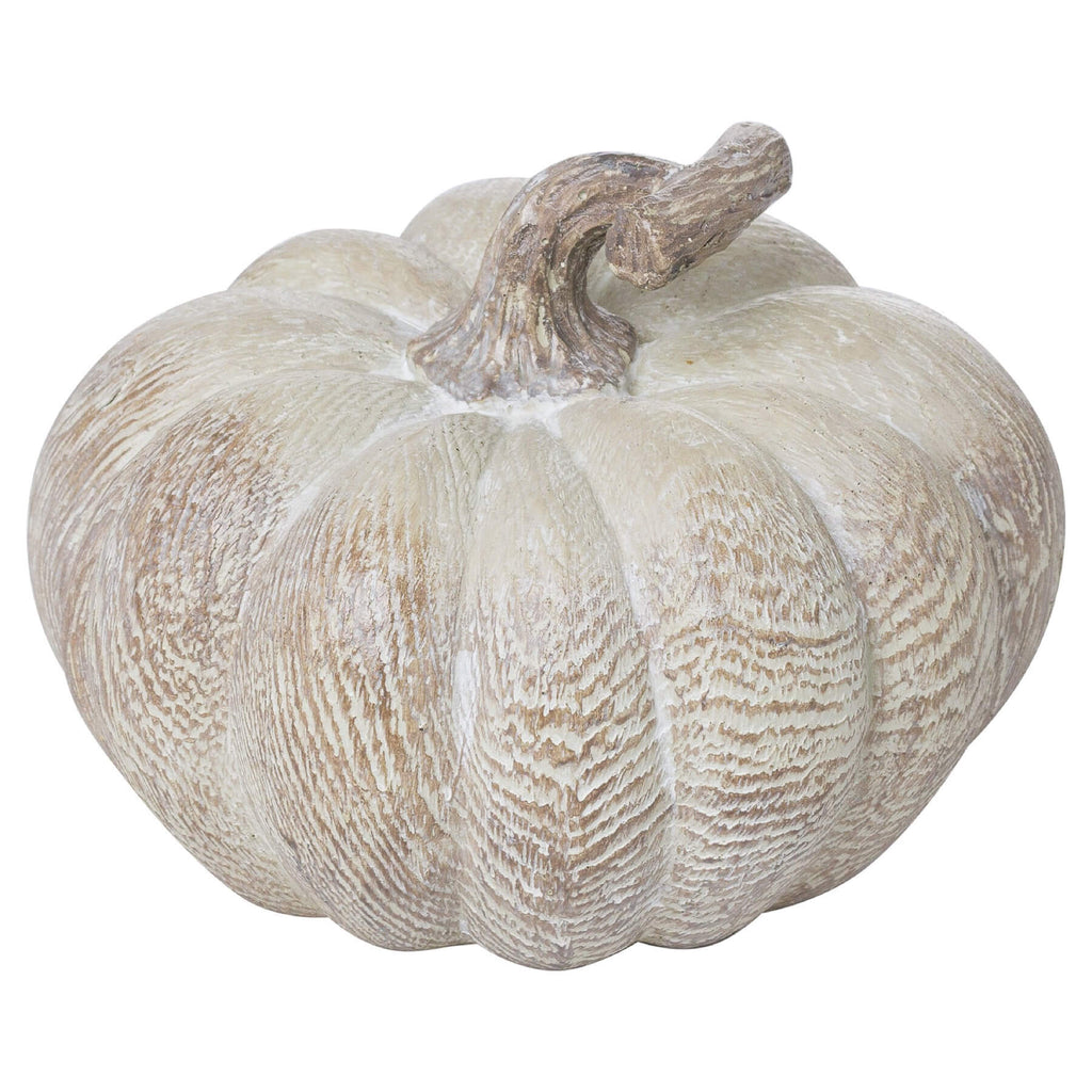 Handcrafted whitewashed resin pumpkin centerpiece with wood-grain texture, perfect for farmhouse or seasonal decor. by RoomLondon at brixbailey.com