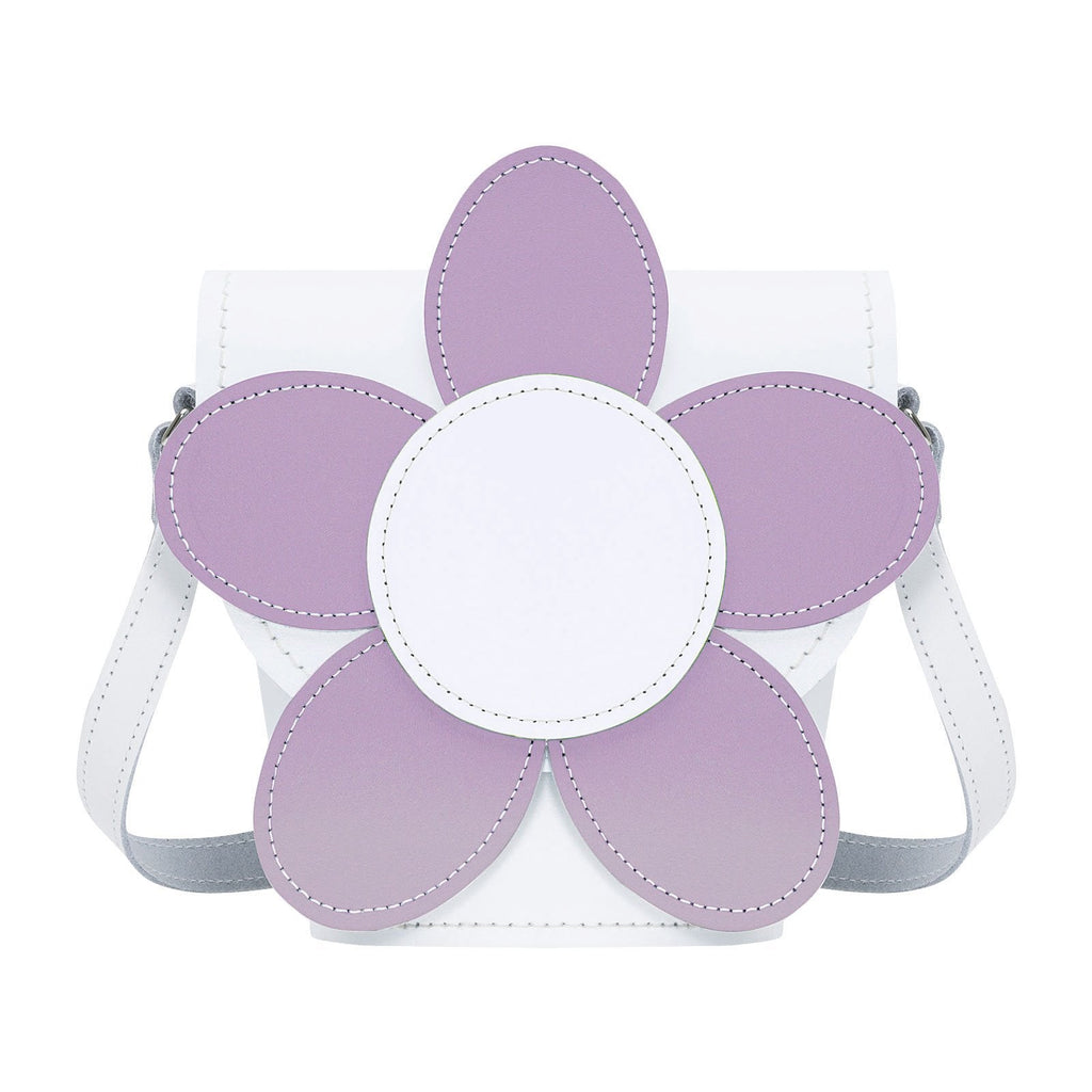 Handmade Leather Daisy Barrel Bag in White and Violet