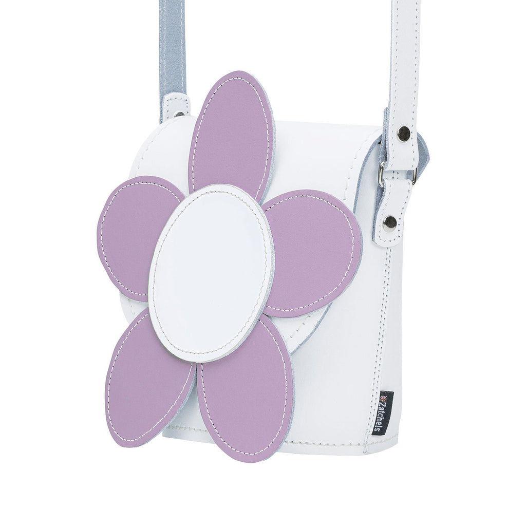 Handmade Leather Daisy Barrel Bag in White and Violet