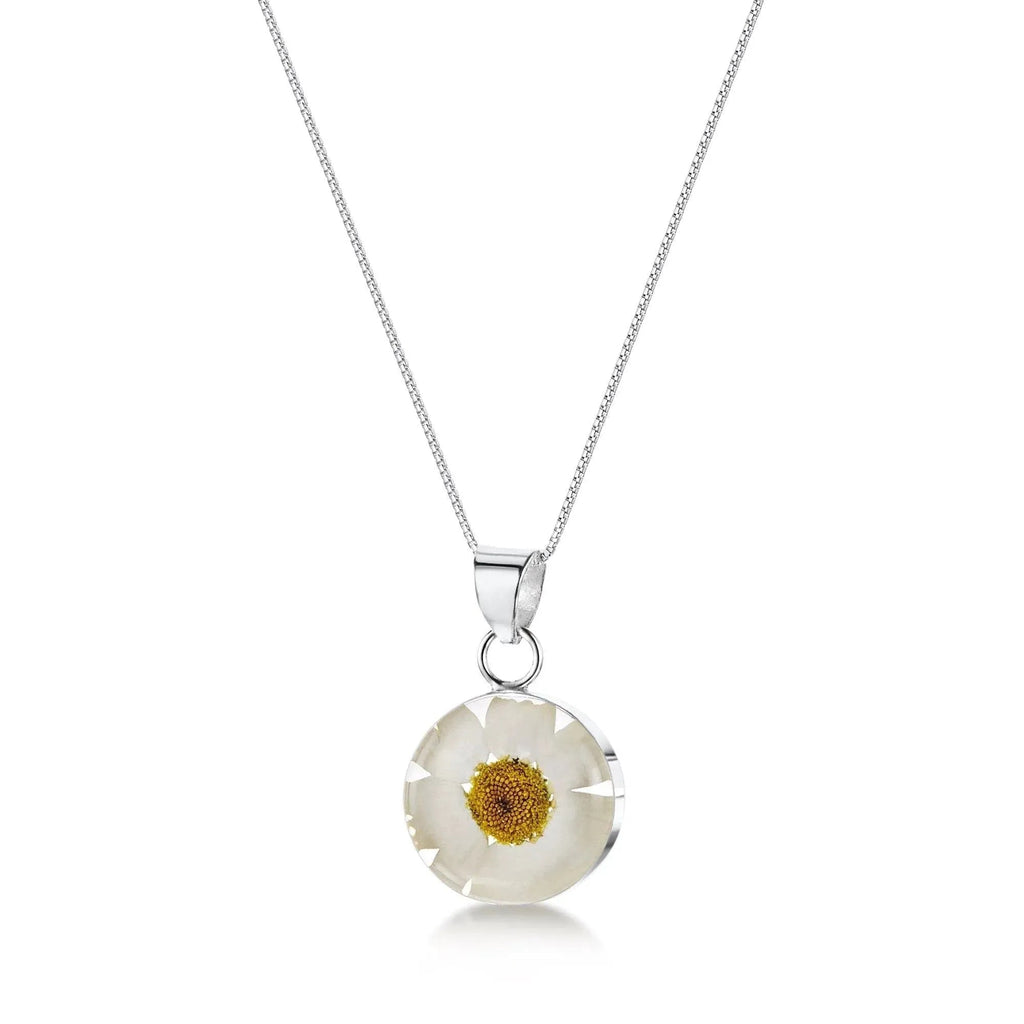 Sterling Silver White Daisy Round Pendant Necklace