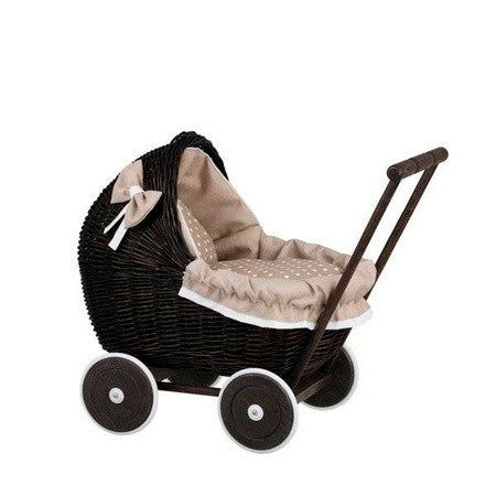 elegant dark wicker doll pram with beige bedding in a cozy bedroom setting