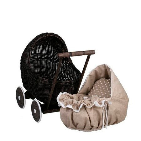 elegant dark wicker doll pram with beige bedding in a warm, inviting playroom setting