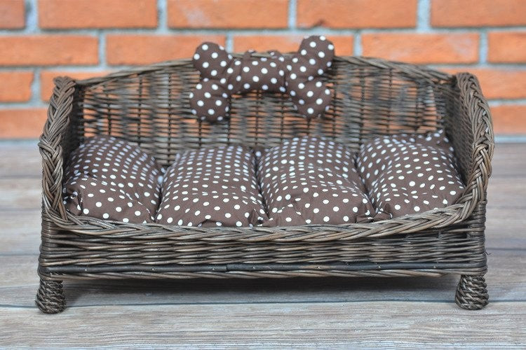 Dark Wicker Pet Bed Alfie With Cushion and Decorative Bone, 74×52 cm
