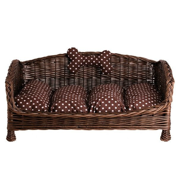 Dark Wicker Pet Bed Alfie With Cushion and Decorative Bone, 74×52 cm