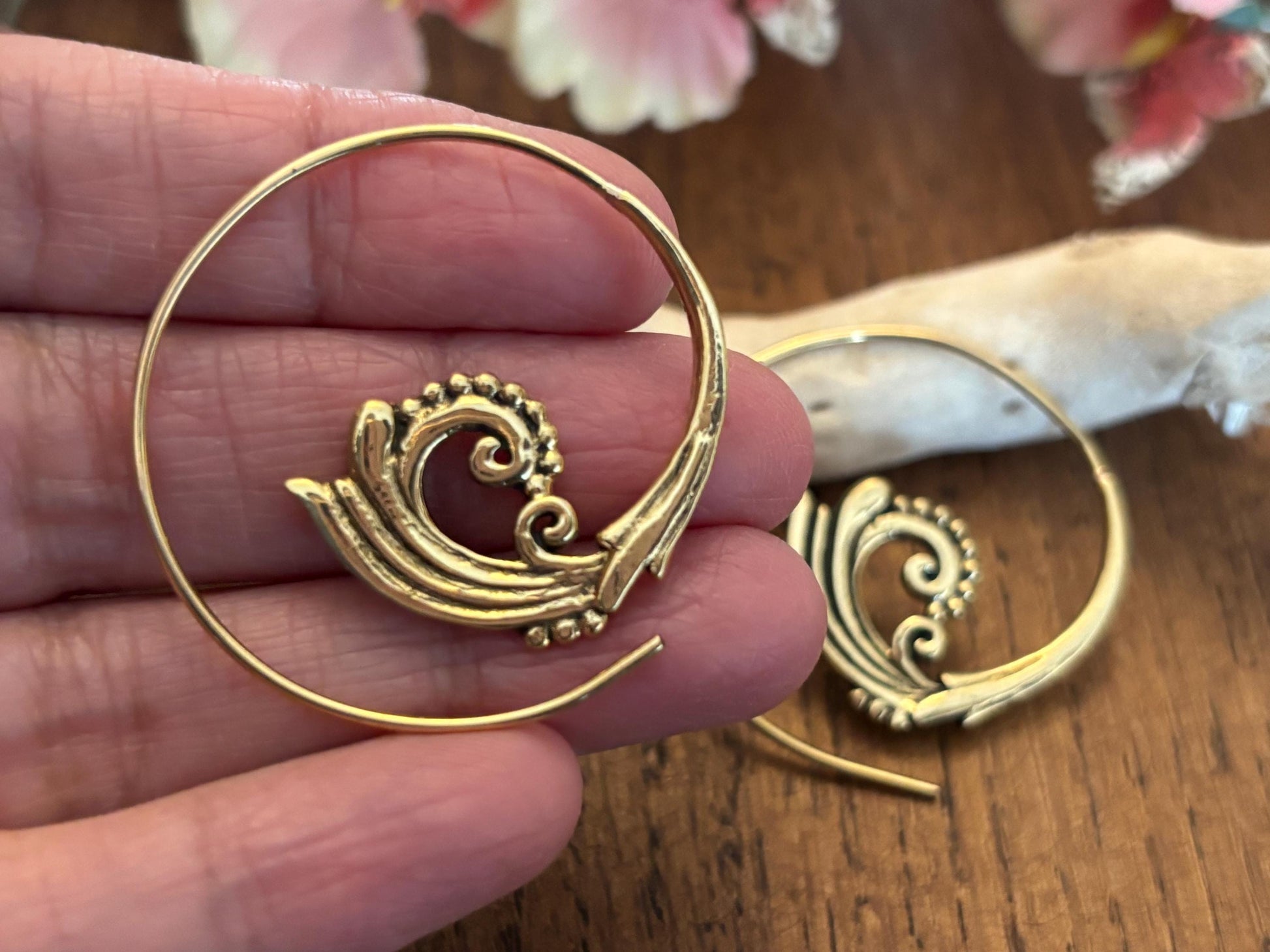 Spiral Shell Brass Hoop Earrings with Swirl Pattern