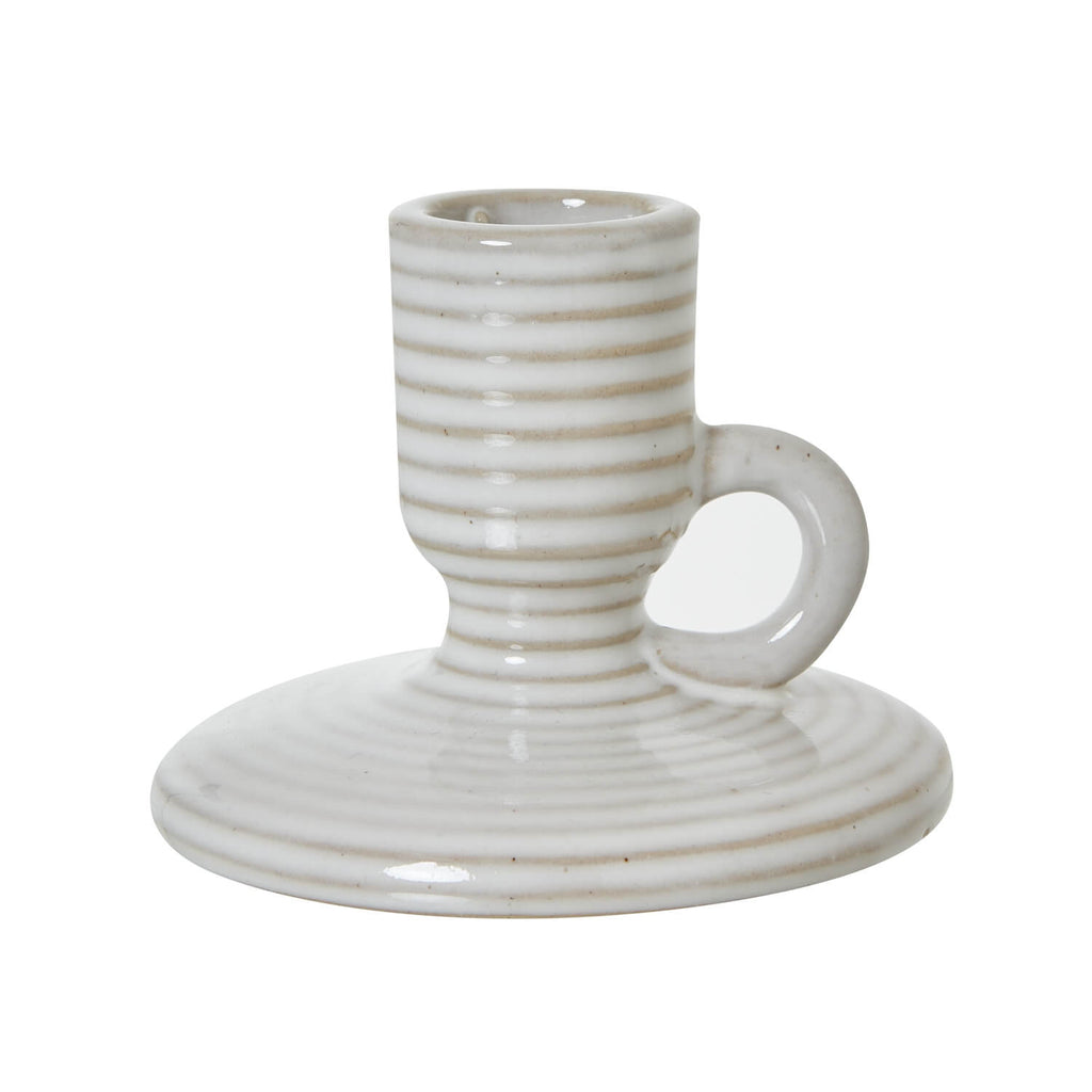 White ceramic taper candle holder with integrated handle, minimalist design, 10 cm height, for modern decor.by RoomLondon at brixbailey.com