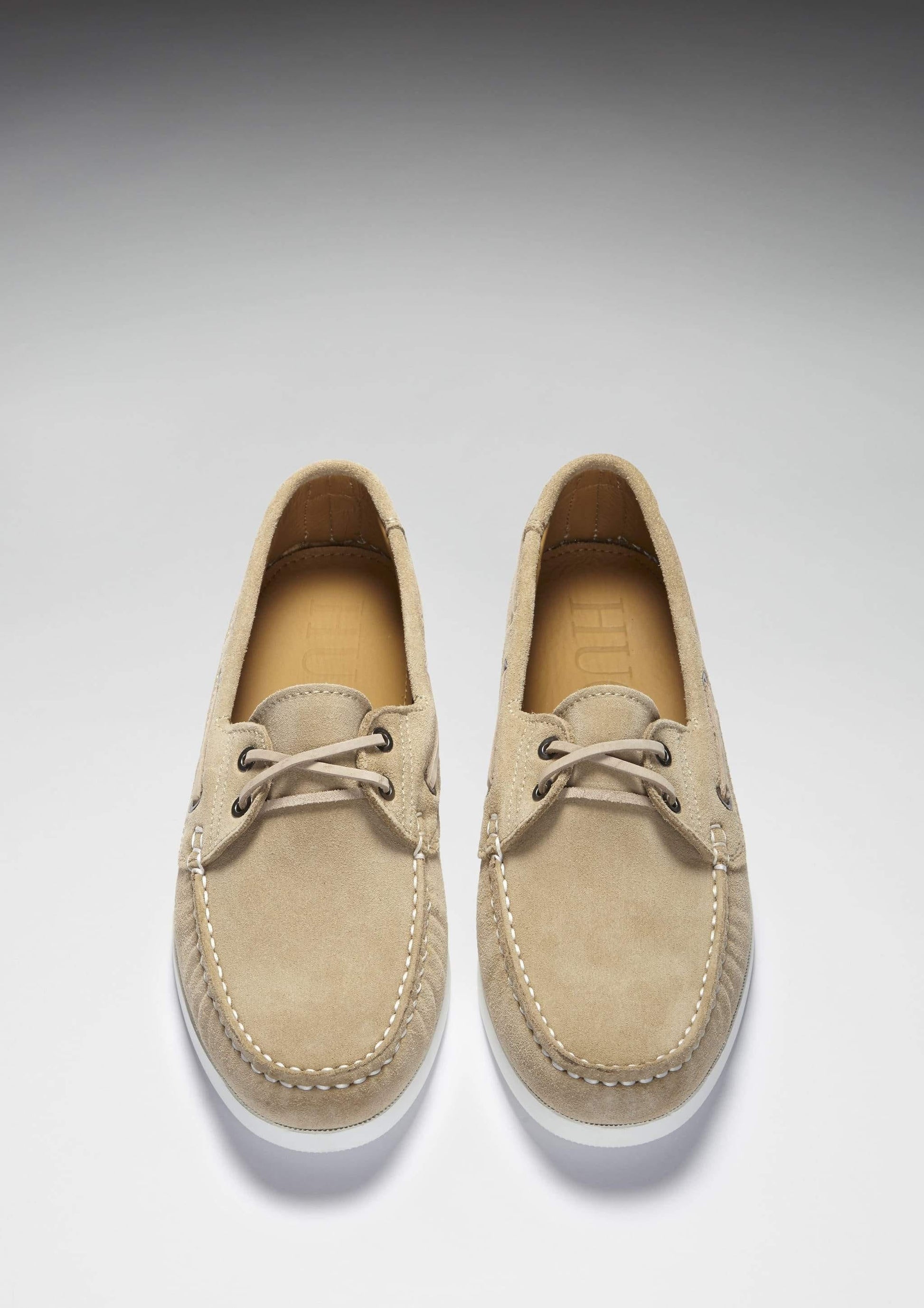 Taupe Suede Deck Shoes with White Stitching