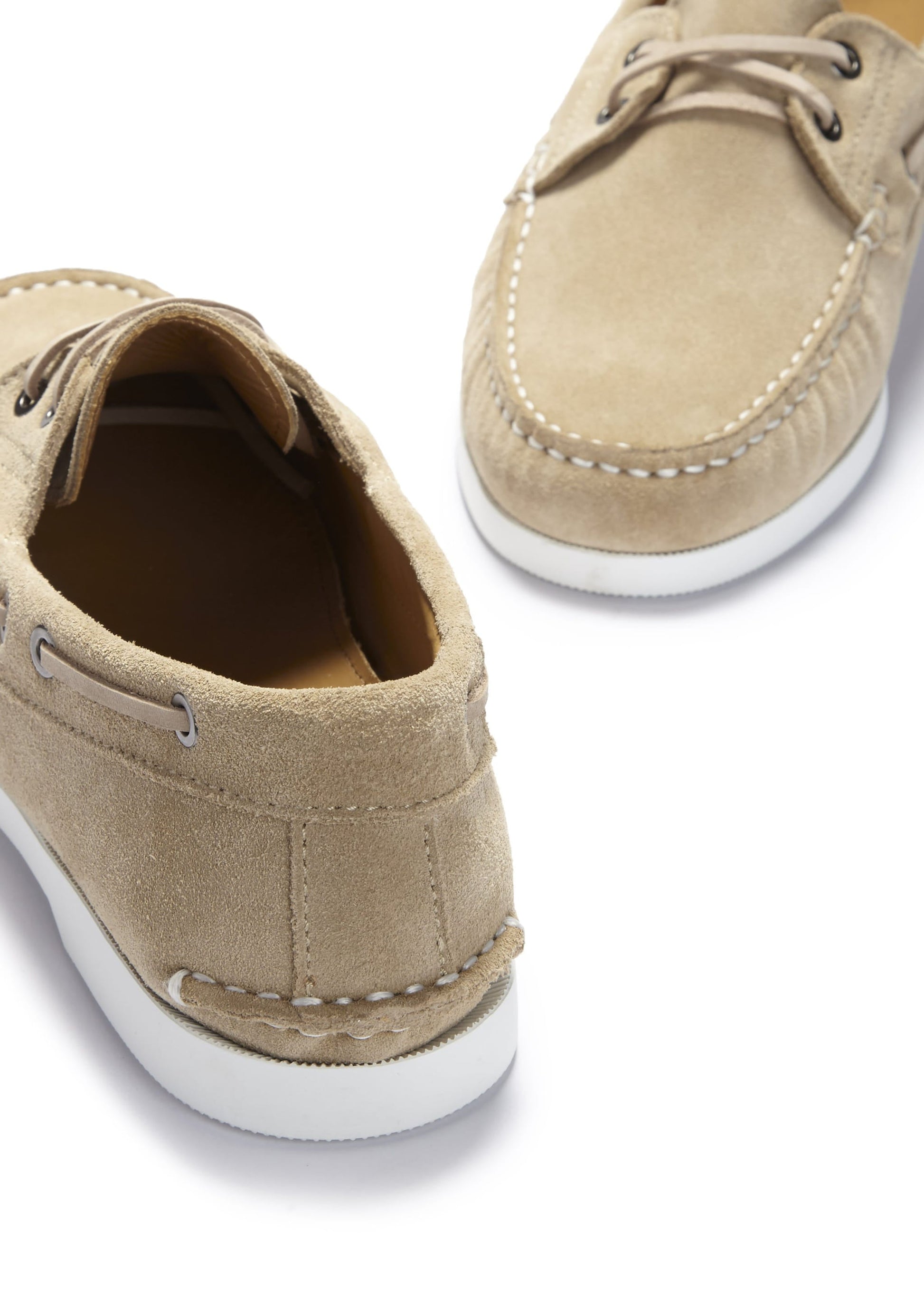Taupe Suede Deck Shoes with White Stitching