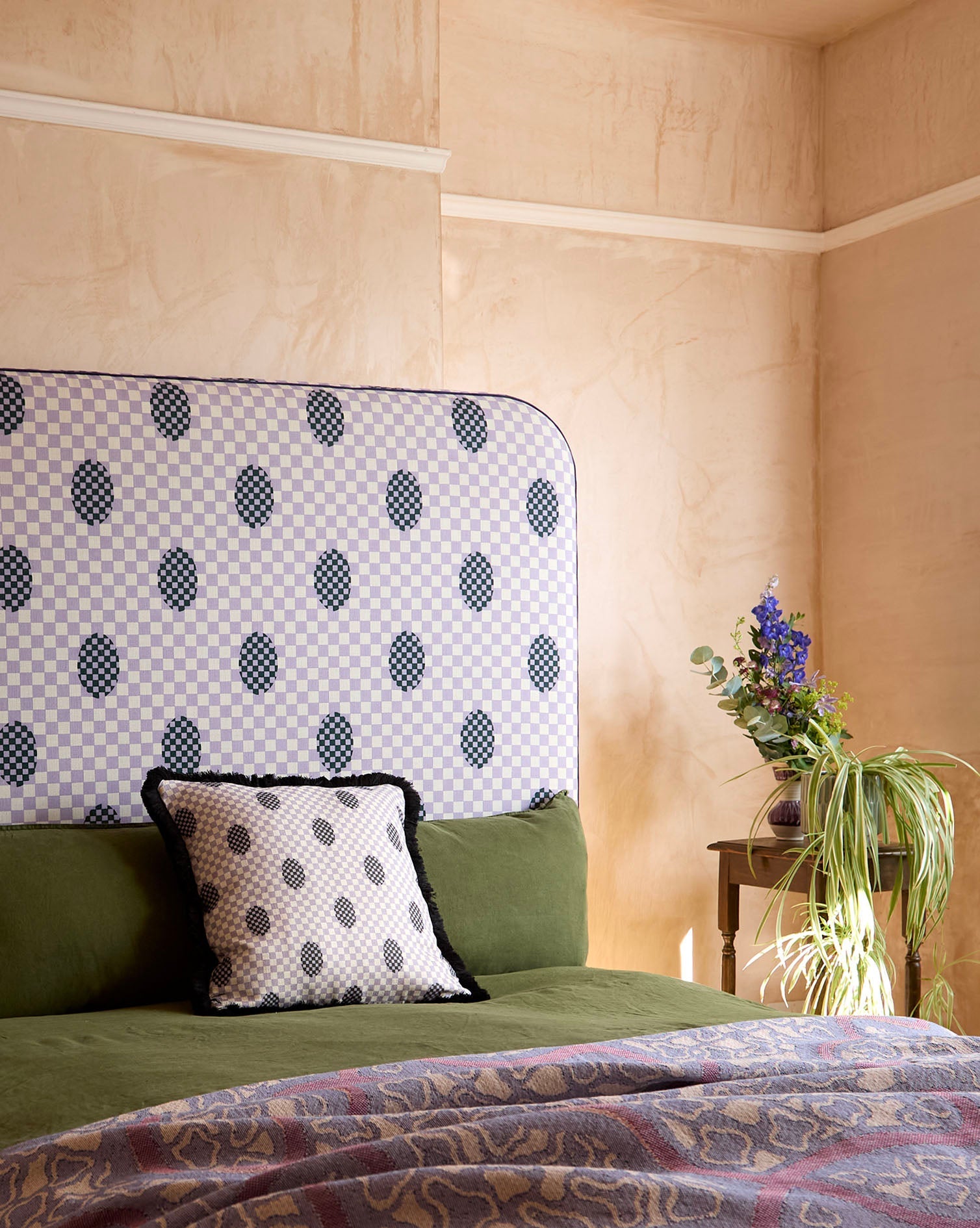 Curved Piped Headboard in Deco Checkers Violet Veils