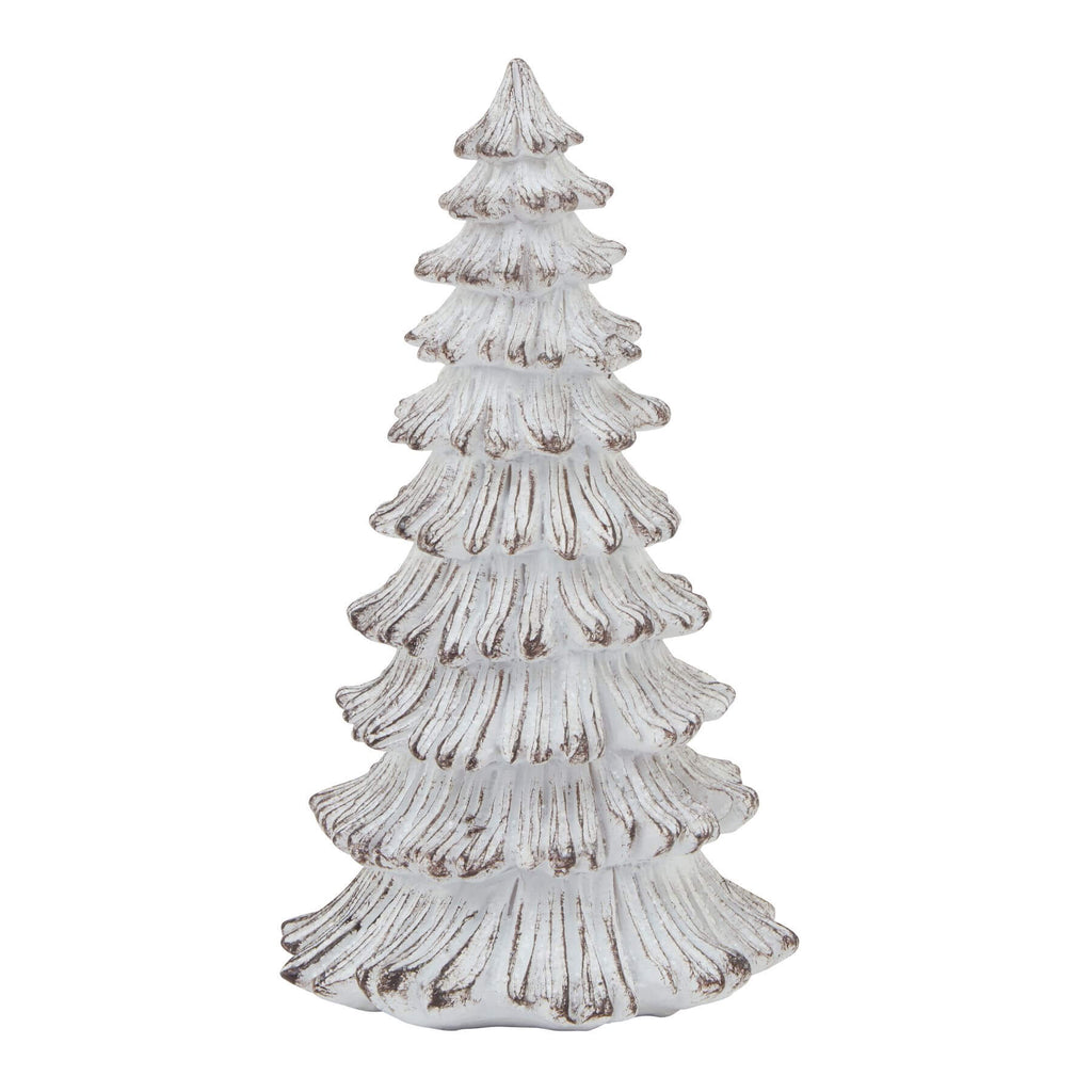 Handcrafted white resin winter fir tree sculpture with snow-dusted branches, Scandinavian minimalist decor by sostter at brixbailey.com