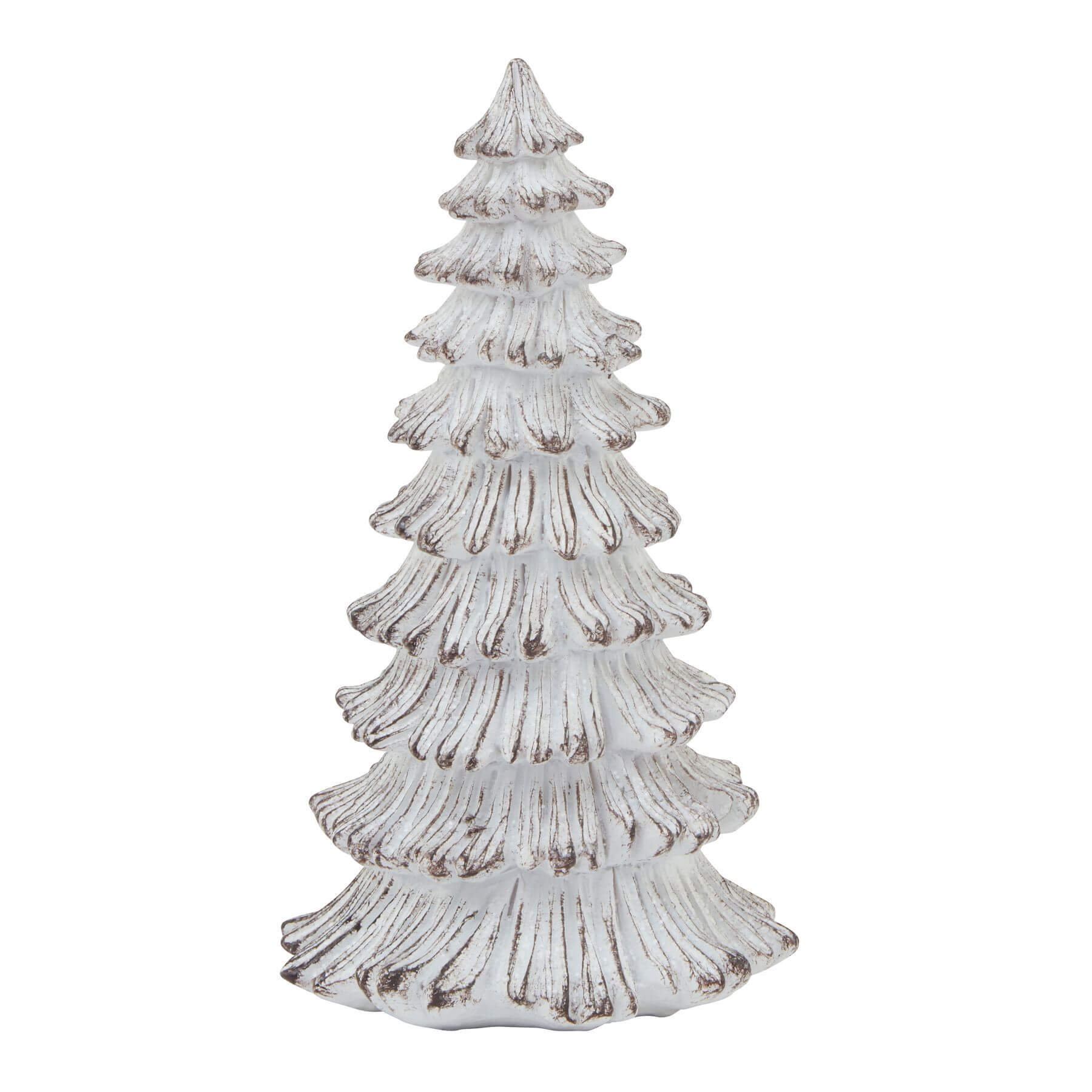 Handcrafted white resin winter fir tree sculpture with snow-dusted branches, Scandinavian minimalist holiday decor by sostter at brixbailey.com
