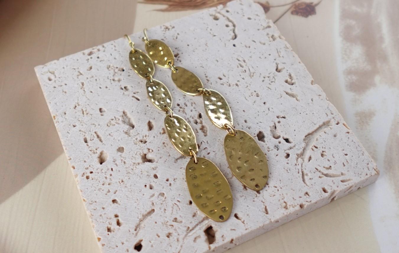 Solar Beam Oval Drops Hammered Brass Earrings