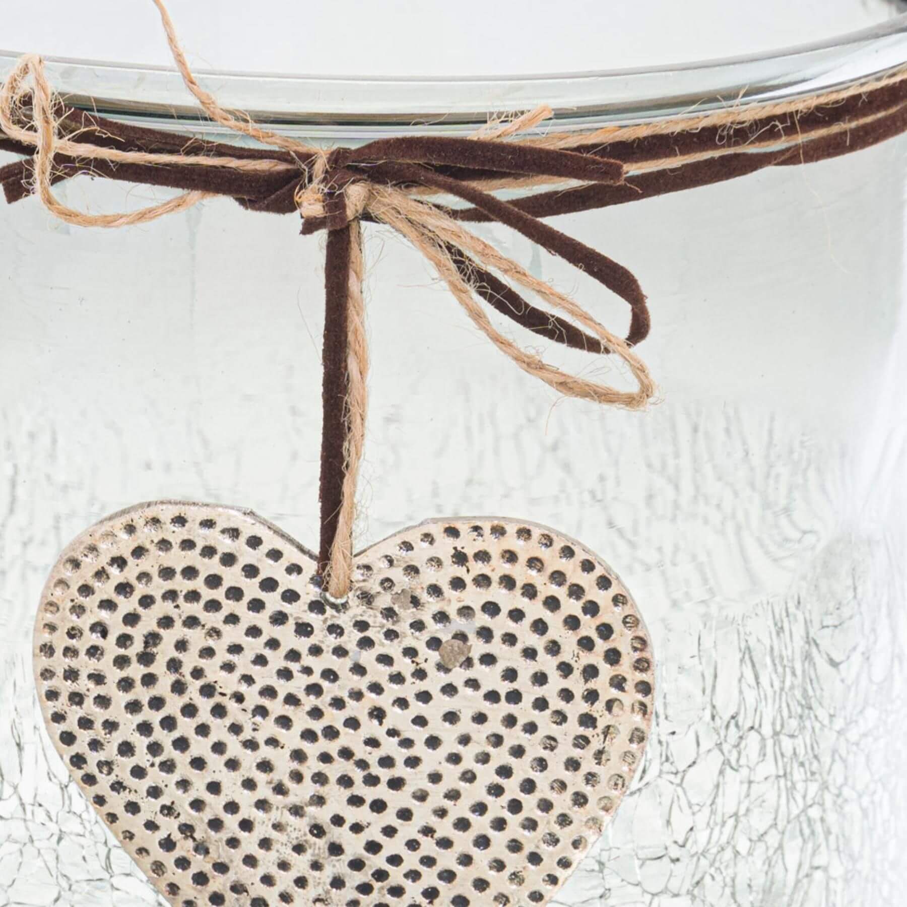 Midnight ombre glass vessel with crackled texture, hand-hammered heart charm, and faux leather cord for candles or decor by RoomLondon at brixbailey.com