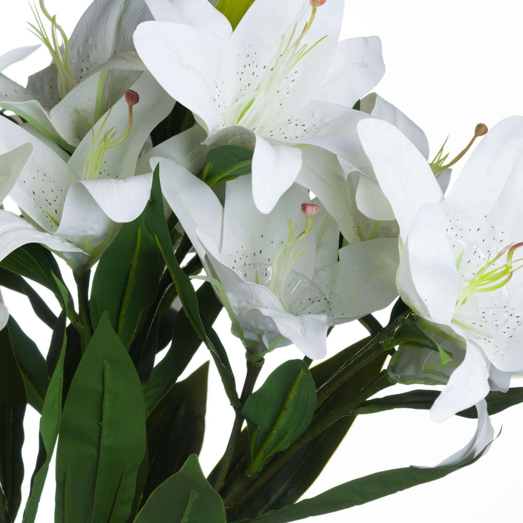 Premium white artificial lily stems with 3 realistic blooms, perfect for home decor by sostter at brixbailey.com