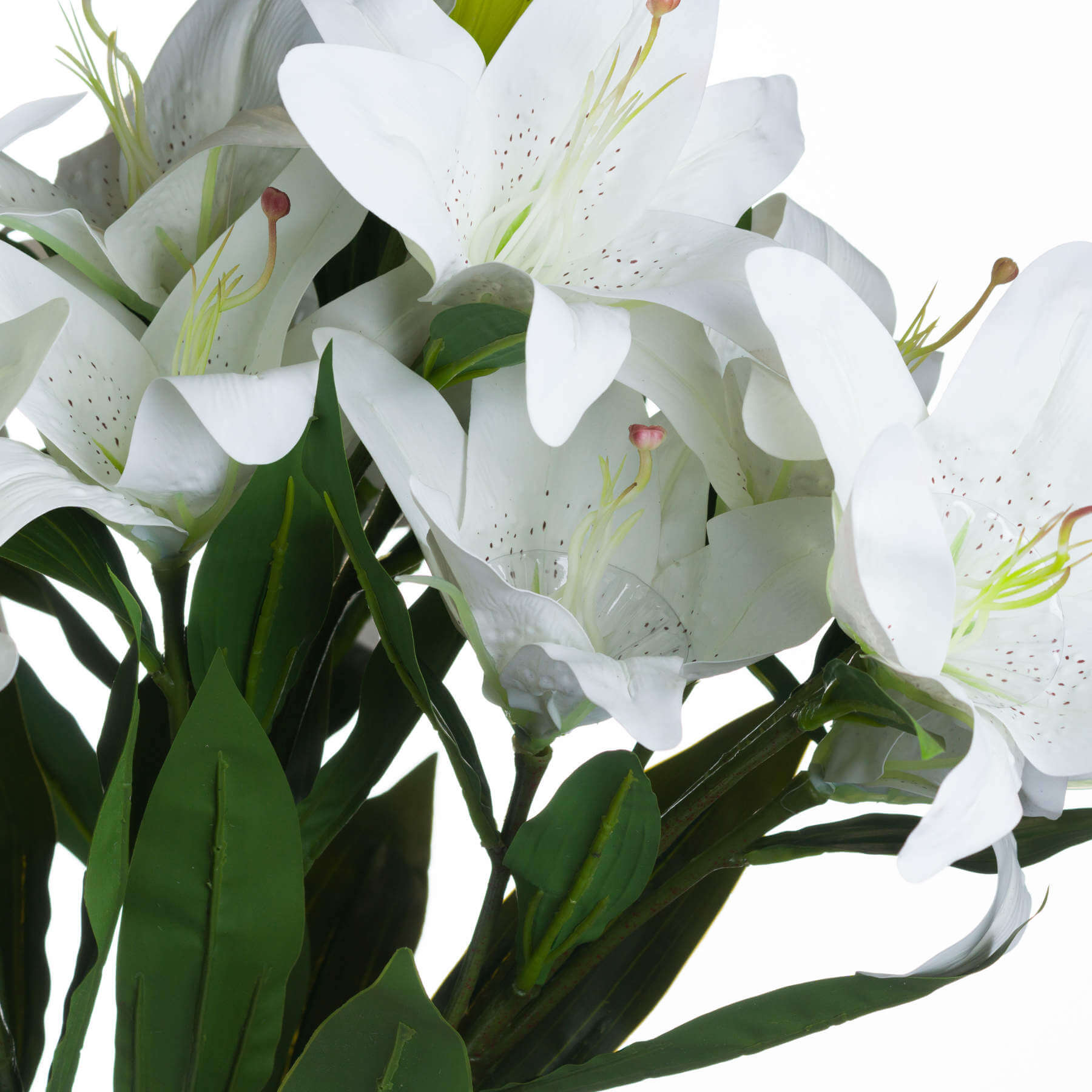 Premium white artificial lily stems with 3 realistic blooms, perfect for home decor by sostter at brixbailey.com