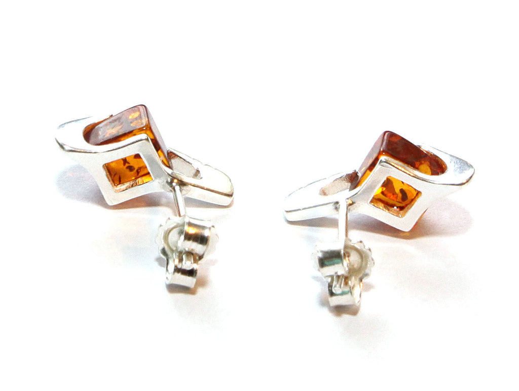 Diamond Cognac Baltic Amber Bead Silver Claw Stud Earrings