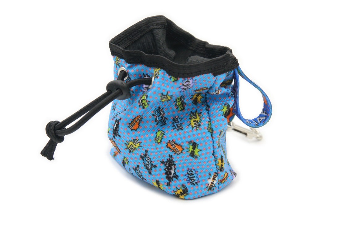 bold blue graffiti dog treat bag with carabiner clip attached to a belt loop