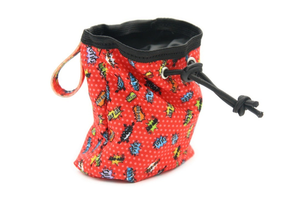 bold red graffiti dog treat bag with urban style and a carabiner clip