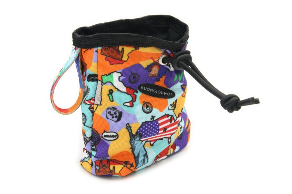 bold, durable dog treat bag clipped to a backpack for hands-free adventures