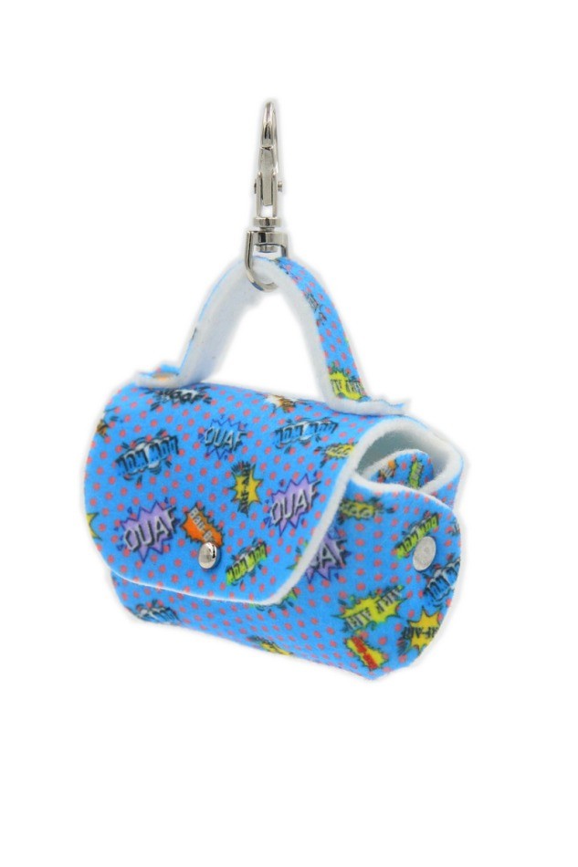 elegant blue graffiti felt dog bag dispenser with metal hardware on a leash