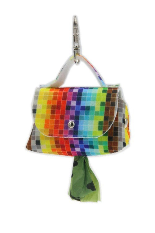 soft felt dog bag dispenser with a chic pixel pattern, shown in warm morning light