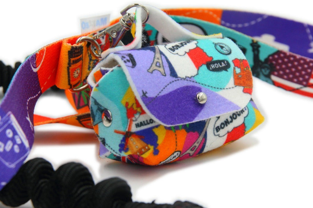 bold close-up of a stylish felt dog bag dispenser with metal hardware attached to a leash