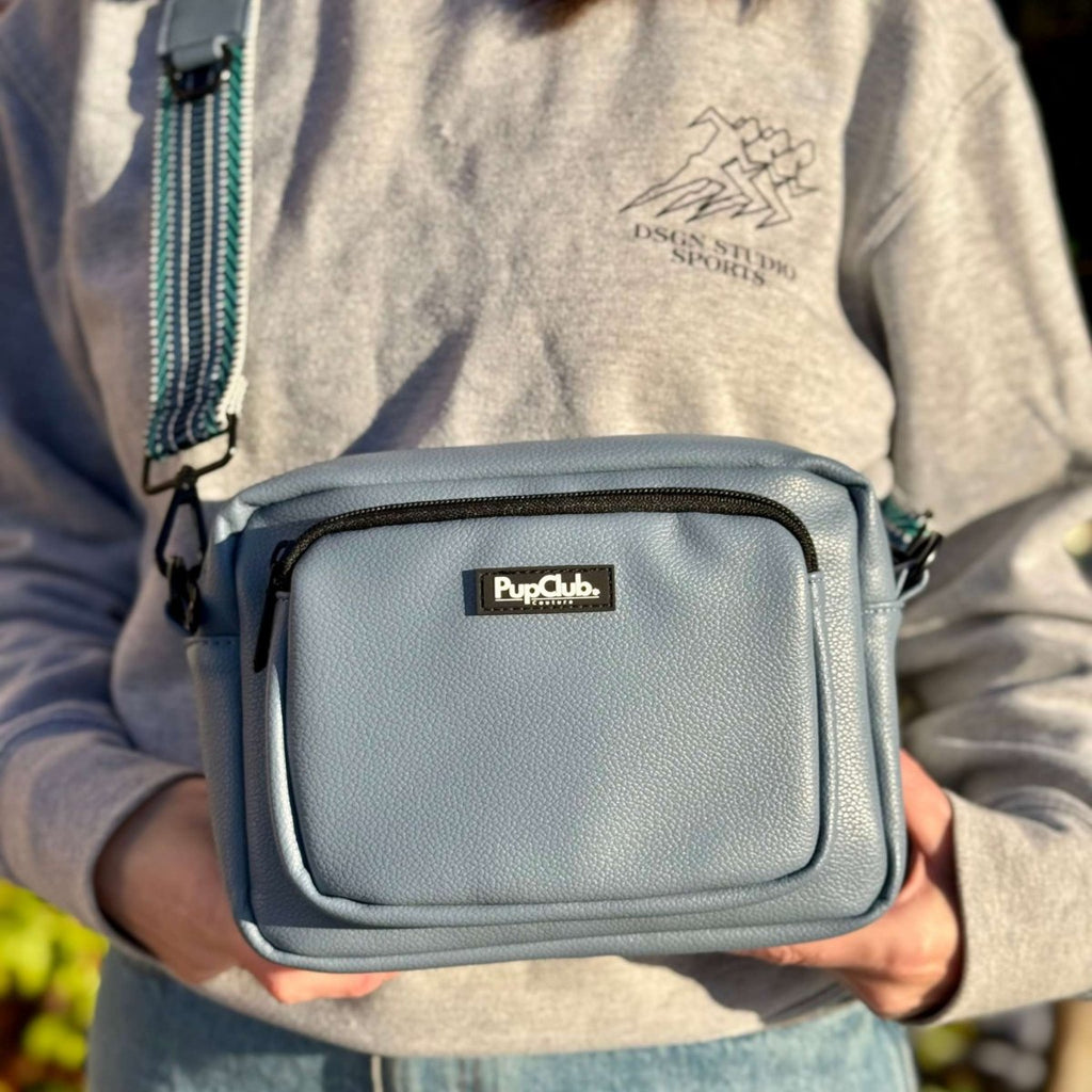 Crossbody Dog Walking Bag in Slate Blue Vegan Leather