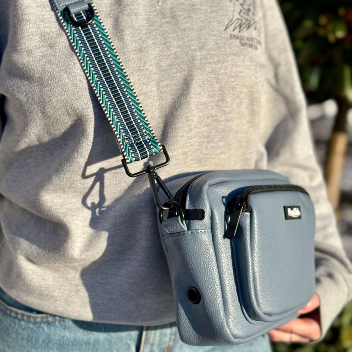 Crossbody Dog Walking Bag in Slate Blue Vegan Leather