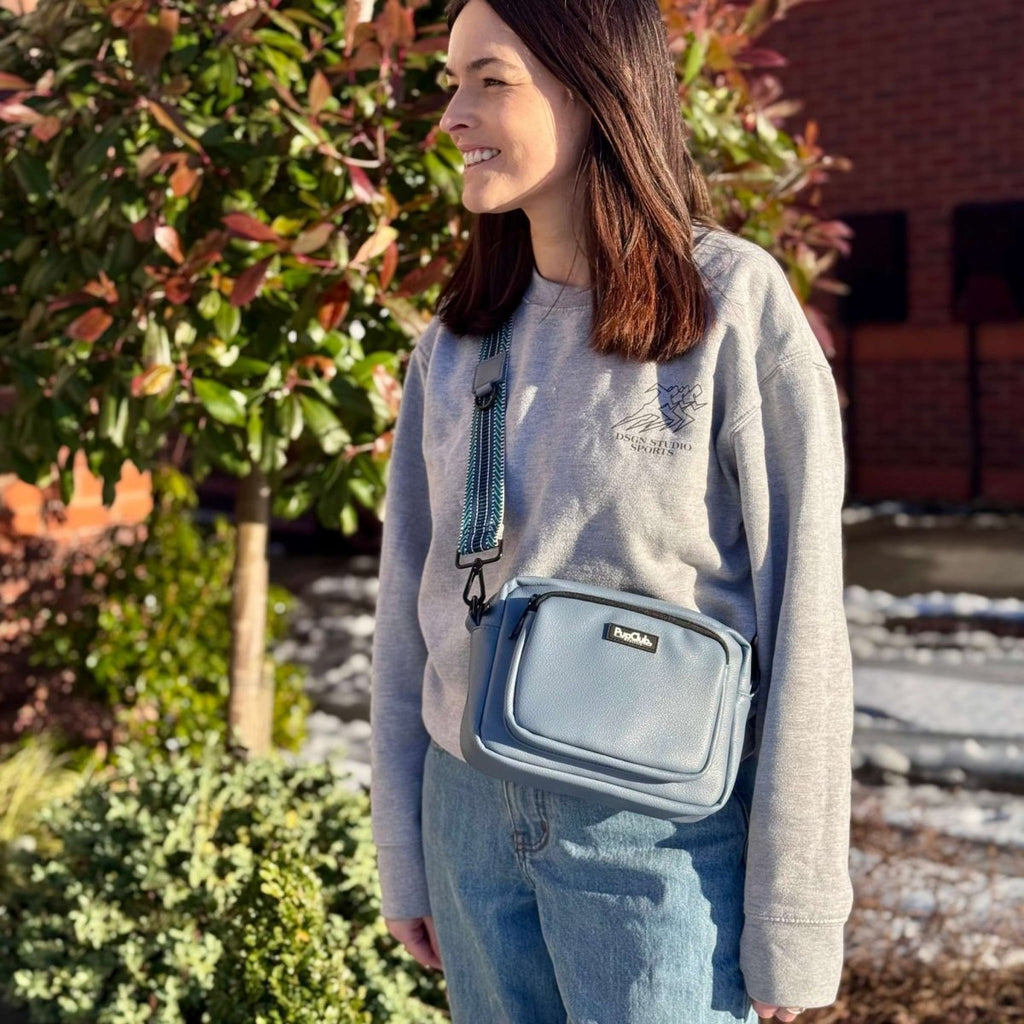 Crossbody Dog Walking Bag in Slate Blue Vegan Leather