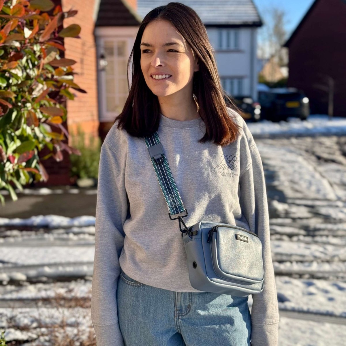 Crossbody Dog Walking Bag in Slate Blue Vegan Leather