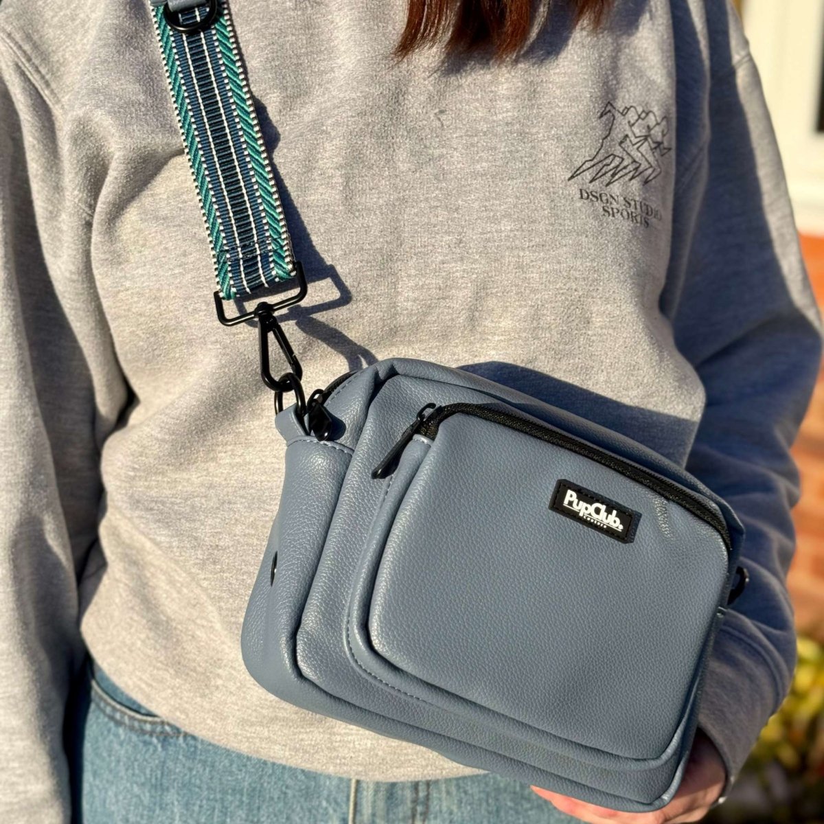Crossbody Dog Walking Bag in Slate Blue Vegan Leather