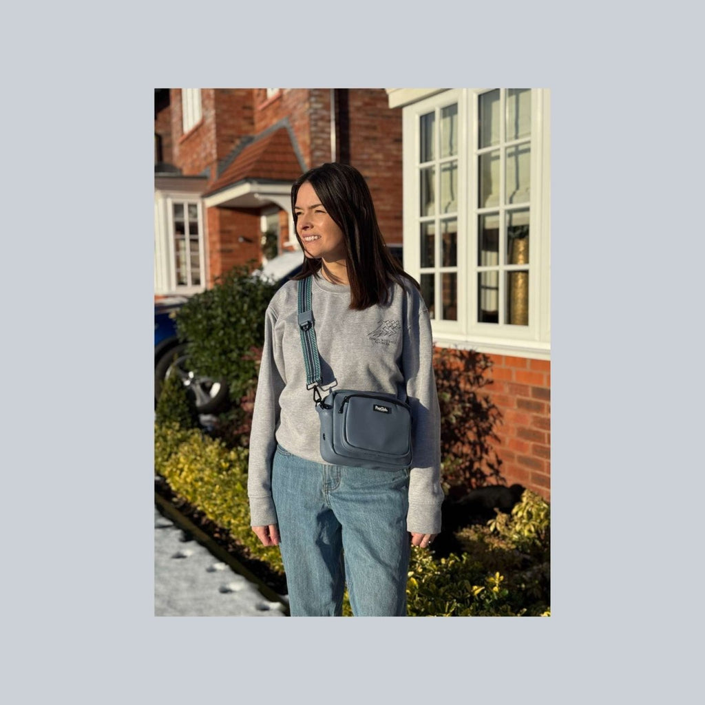 Crossbody Dog Walking Bag in Slate Blue Vegan Leather