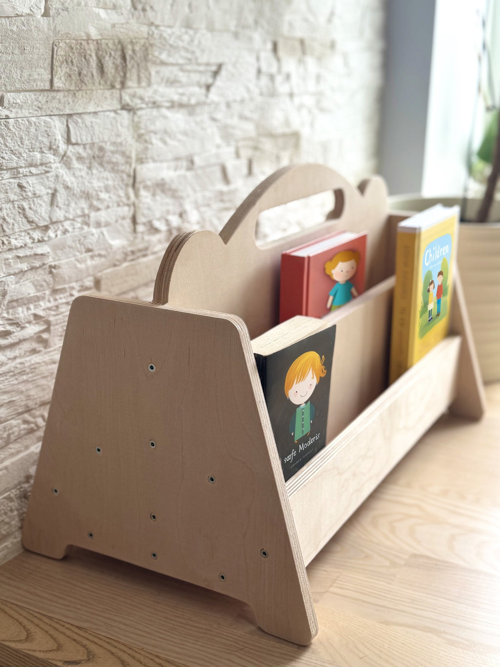 bold double sided bookshelf for kids in a modern nursery with warm morning light