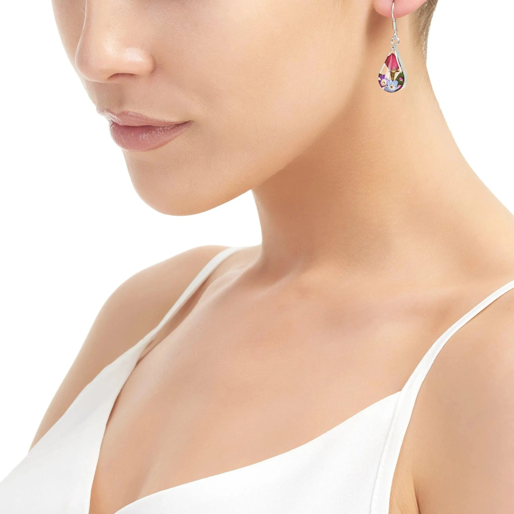 Sterling Silver Teardrop Drop Earrings with Real Preserved Flowers