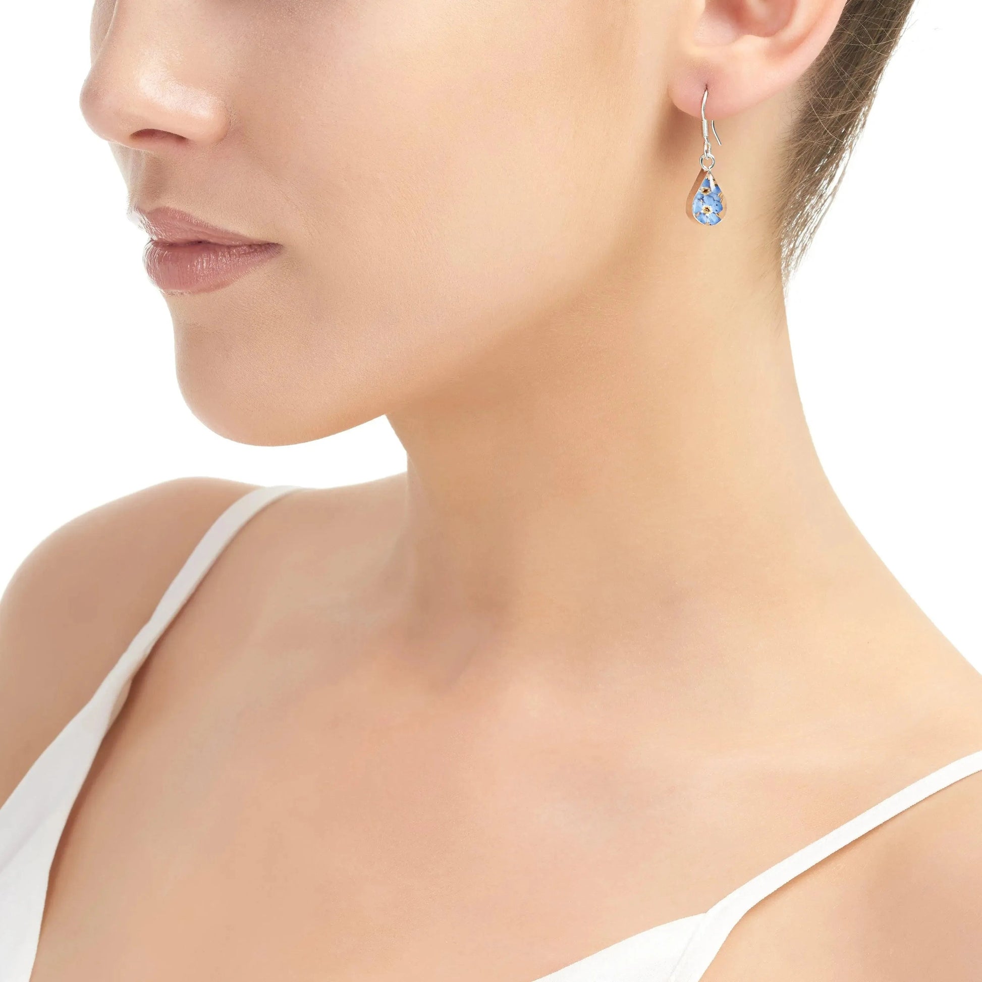 Sterling Silver Forget Me Not Teardrop Earrings with Real Flowers