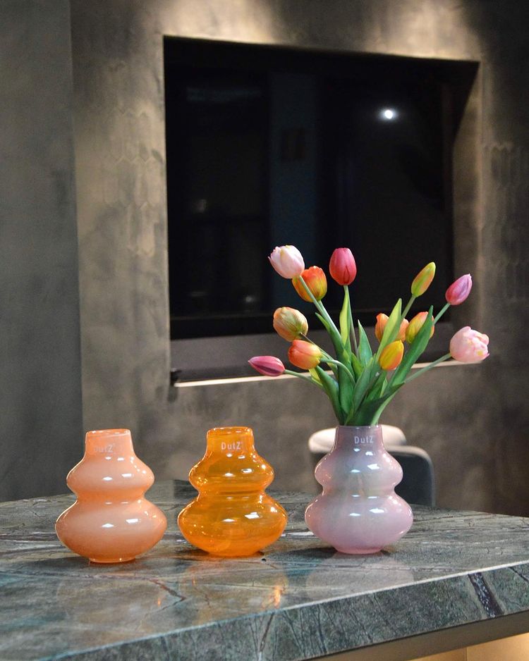 Small Beige Mouth Blown Glass Vase H16 D14 cm