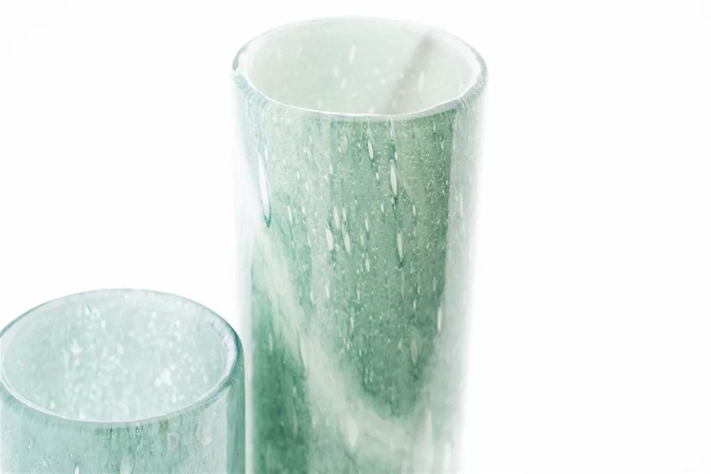 Cylinder Vase in Green and White Mouth Blown Glass