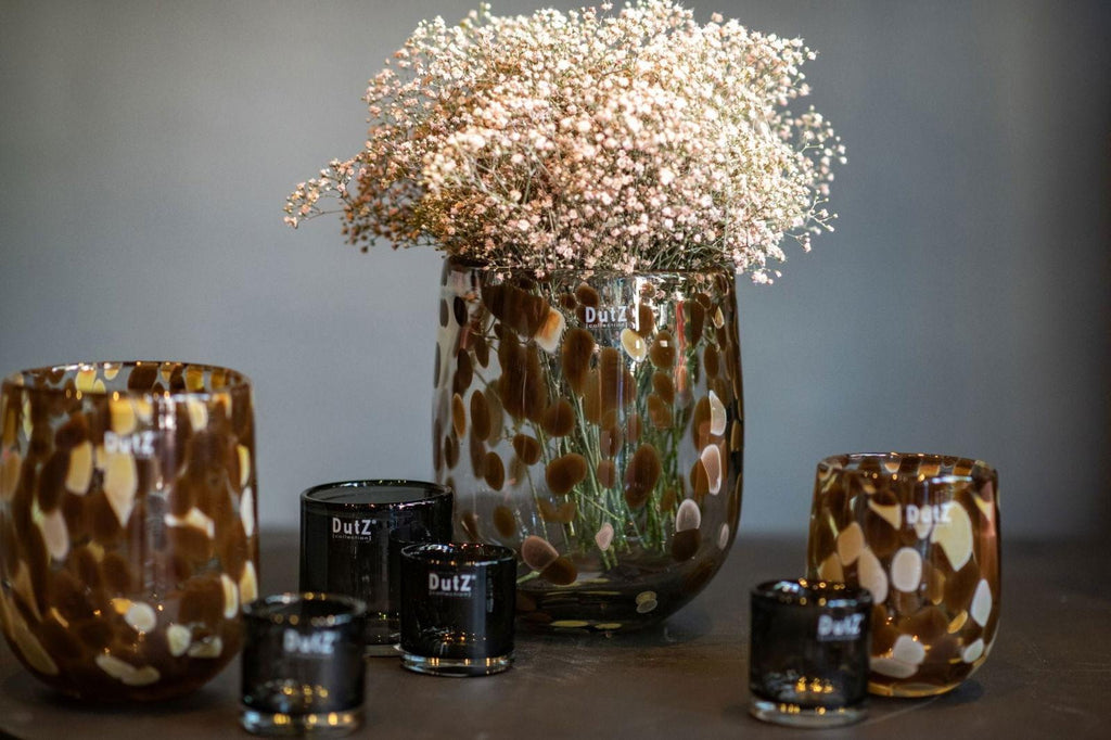 Barrel Vase in Leopard Brown Mouth Blown Glass