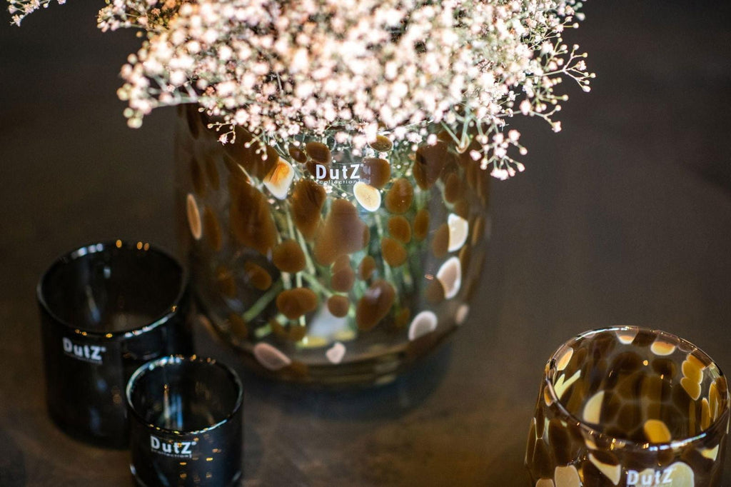 Barrel Vase in Leopard Brown Mouth Blown Glass