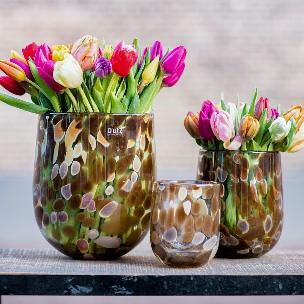 Barrel Vase in Leopard Brown Mouth Blown Glass