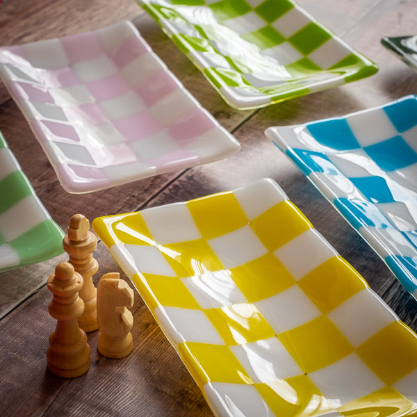 Chequered White and Colour Large Fused Glass Tray 21x12cm